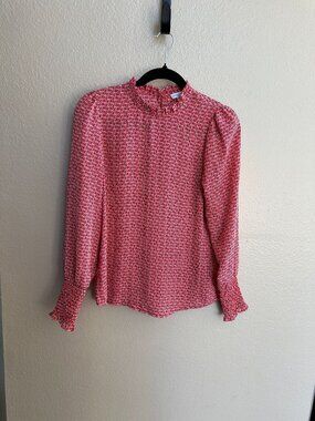 Carolina Belle Printed High Neck Long Sleeve Blouse Smocked Cuff Red XS Polyeste